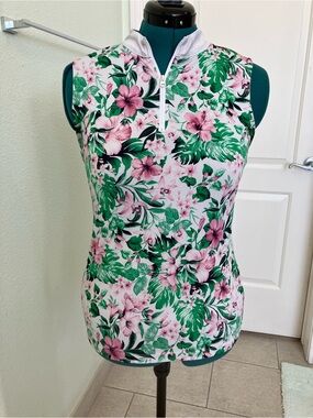 Tommy Bahama Pink & Green Tropical Zip-Front Tank L